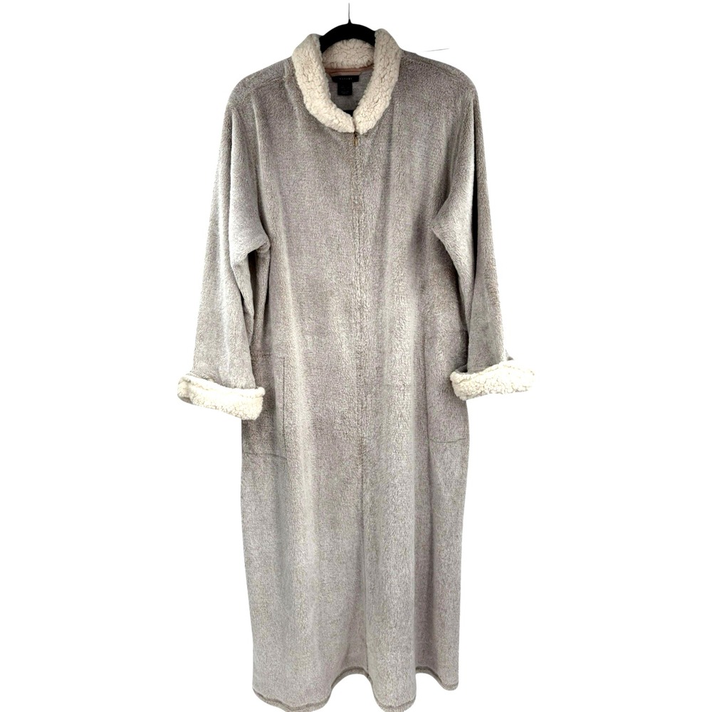 Natori Robe House Coat Size XL Zip Up Long Maxi Gray Lounge Soft Faux Fur Pocket